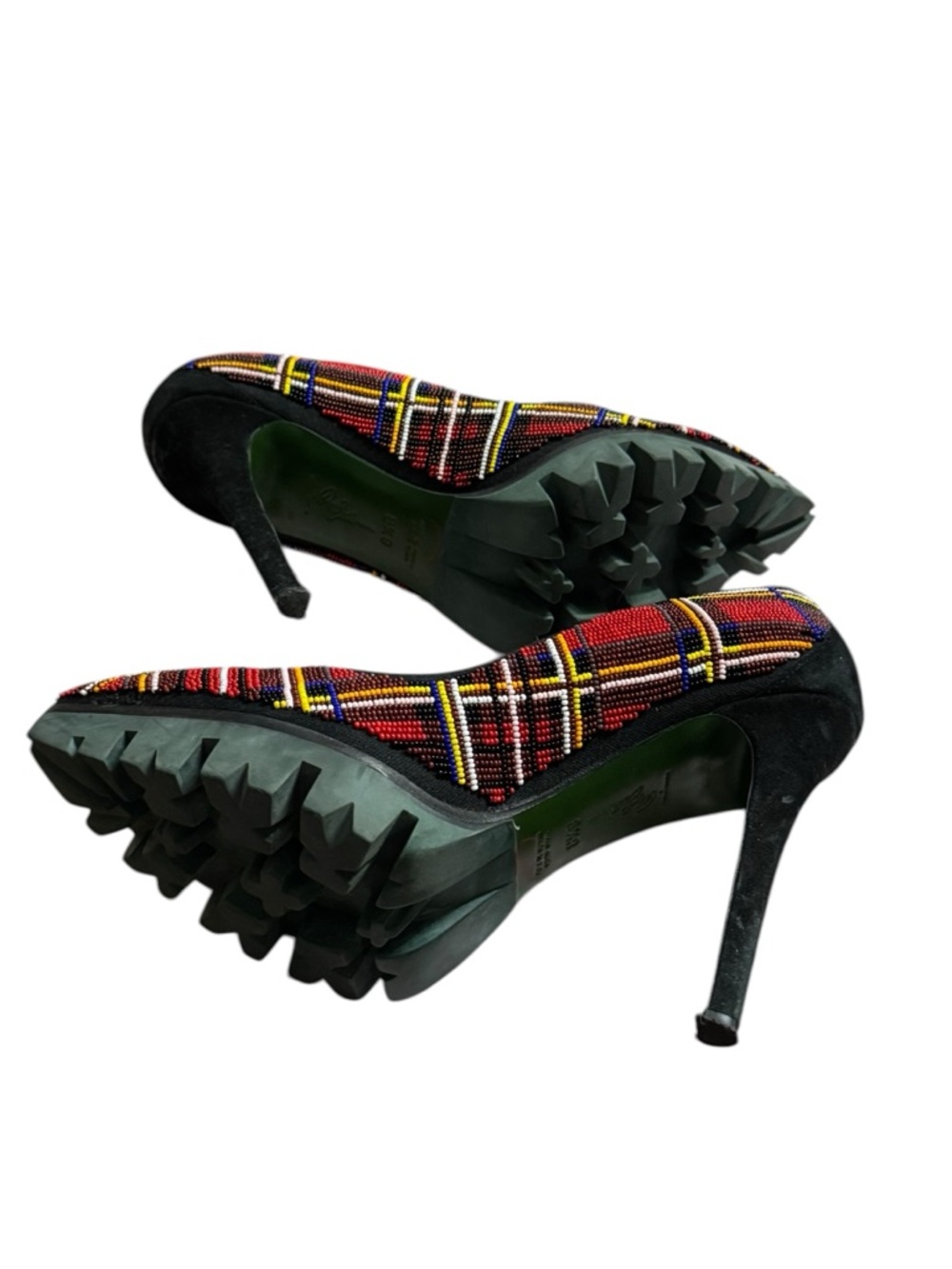 DONALD J PLINER RED BEADED TARTAN ROYAL SKULL CREST PUMPS SZ 8.5 RARE - Picture 4 of 9